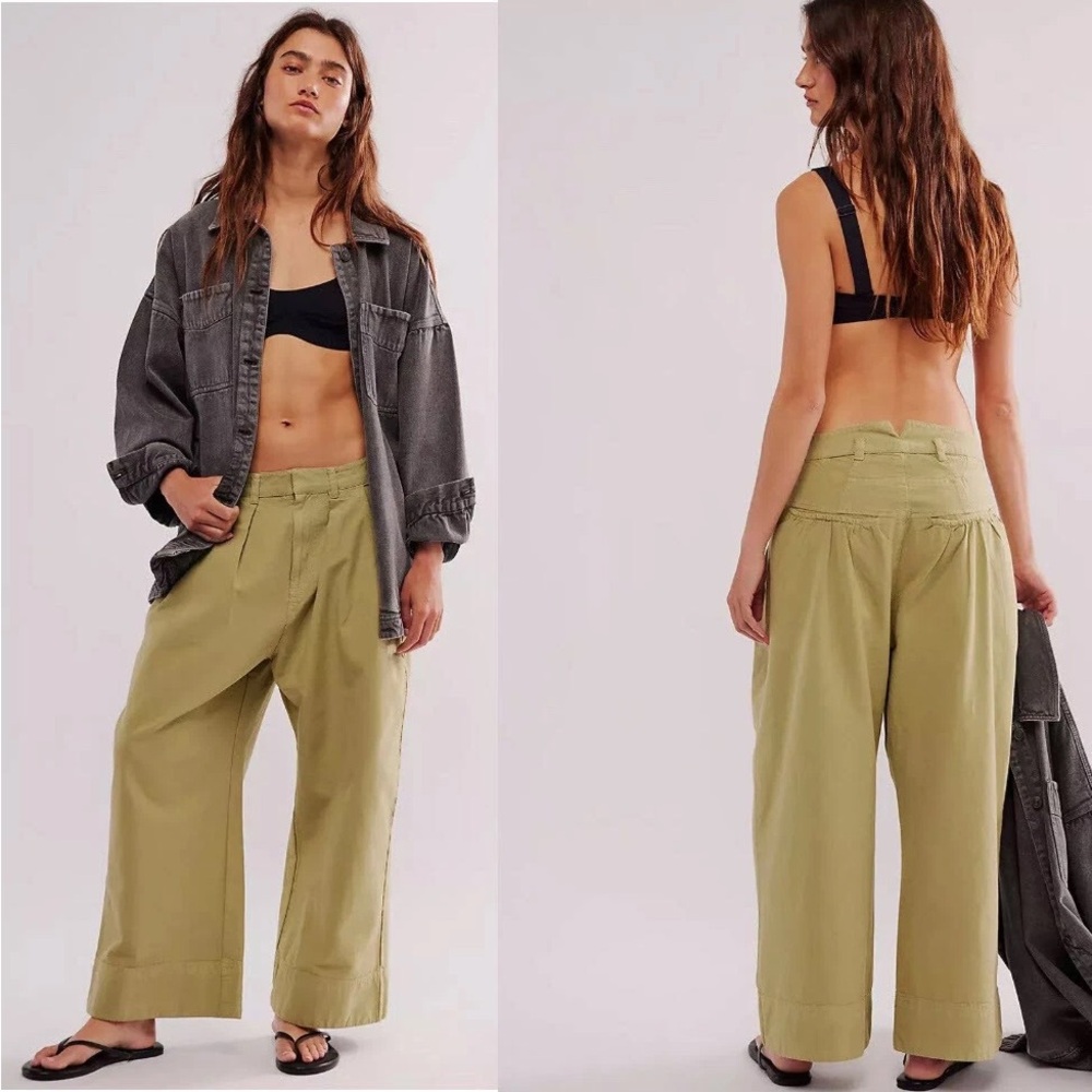 Free People Sweet Talk Chino Pants Olive Green Wide Leg Crop Trouser Size 0